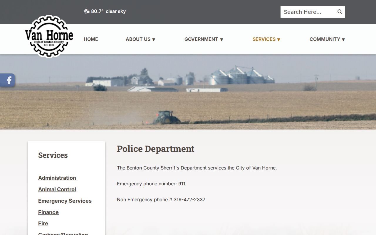 Van Horne page showing Benton County Sheriff service for municipal warrant routing