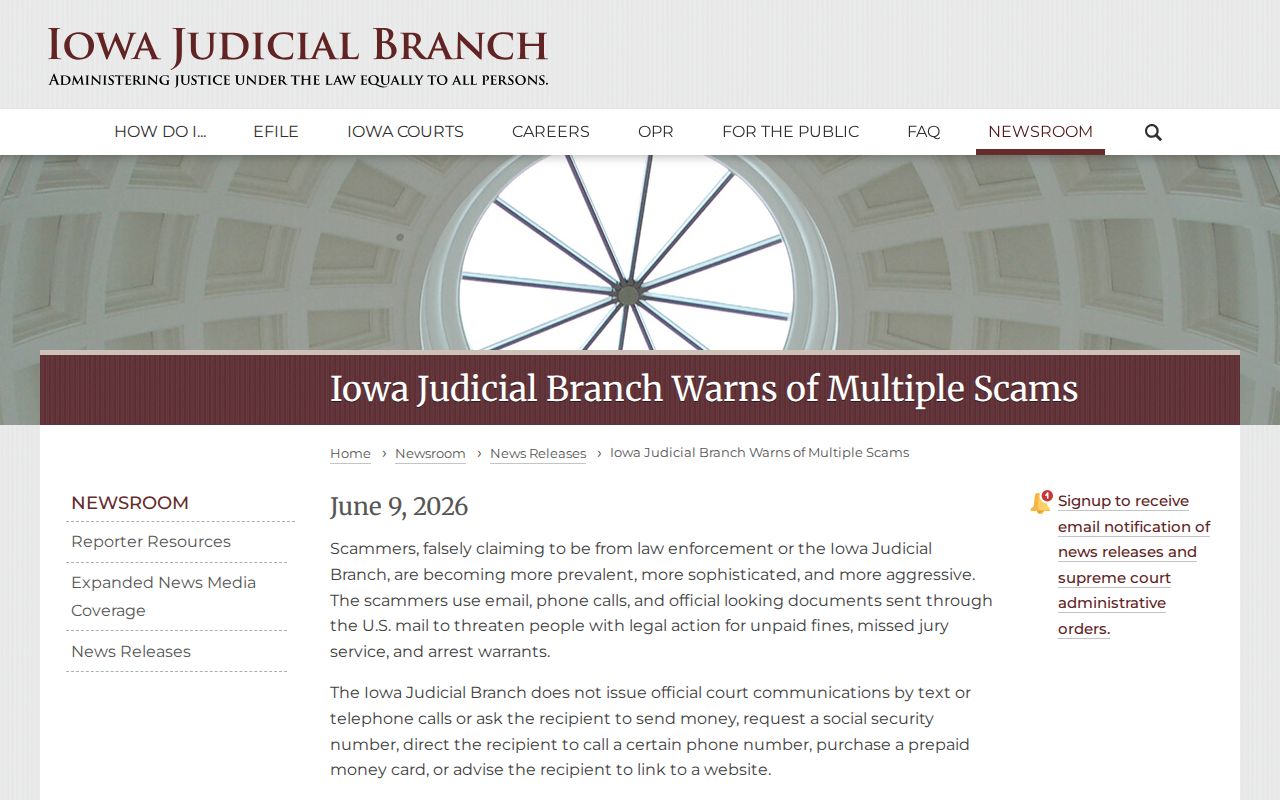 Iowa Judicial Branch warning about false Benton County warrant payment demands