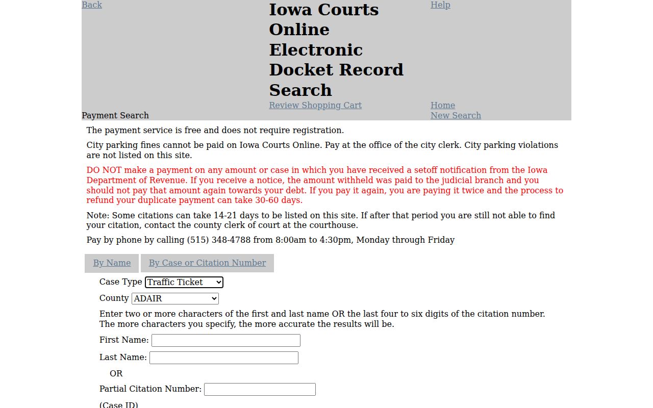 Iowa Courts Online payment search fields for Benton County cases